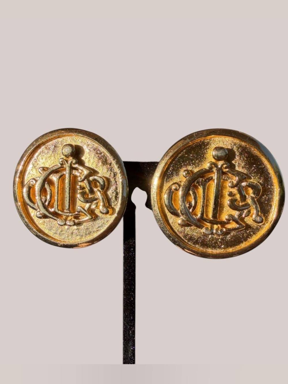 Christian Dior Vintage 1980’s Logo Gold Clip Coin Earrings 1.25” Round Statement - Picture 3 of 13